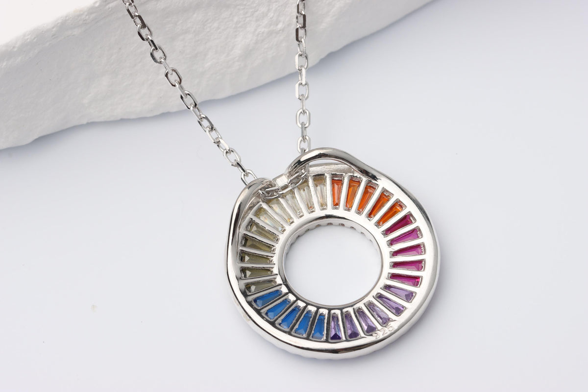 Rainbow Gemstone CZ Circle Halo Necklace, Silver Statement Pendant, Gift for Her