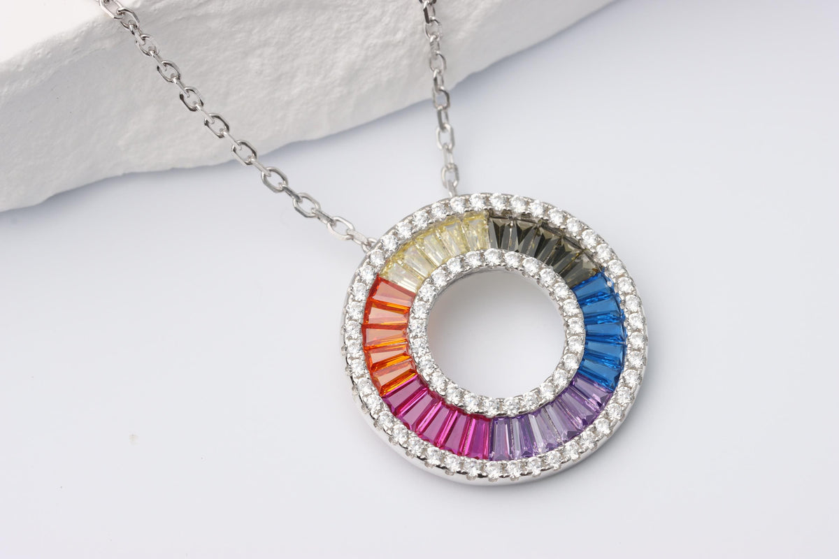 Rainbow Gemstone CZ Circle Halo Necklace, Silver Statement Pendant, Gift for Her