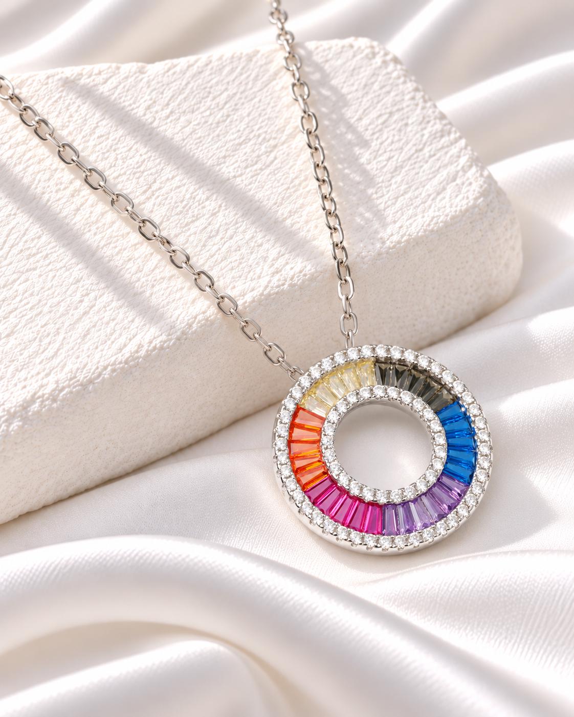 Rainbow Gemstone CZ Circle Halo Necklace, Silver Statement Pendant, Gift for Her