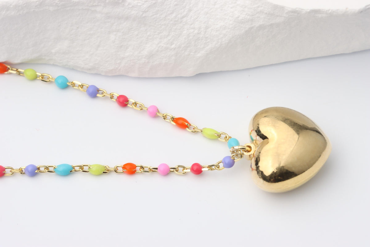 Gold Puffy Heart Pendant Necklace, Rainbow Beaded Chain, Colourful Gift for Her