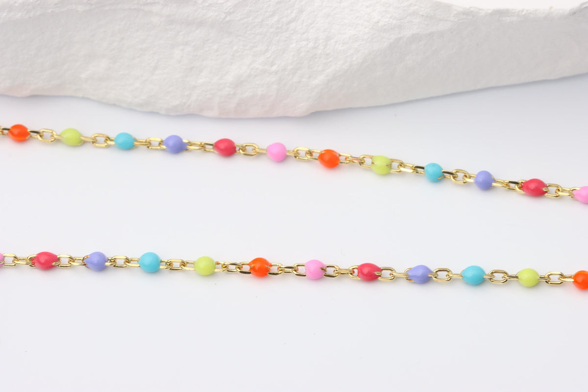 Gold Puffy Heart Pendant Necklace, Rainbow Beaded Chain, Colourful Gift for Her