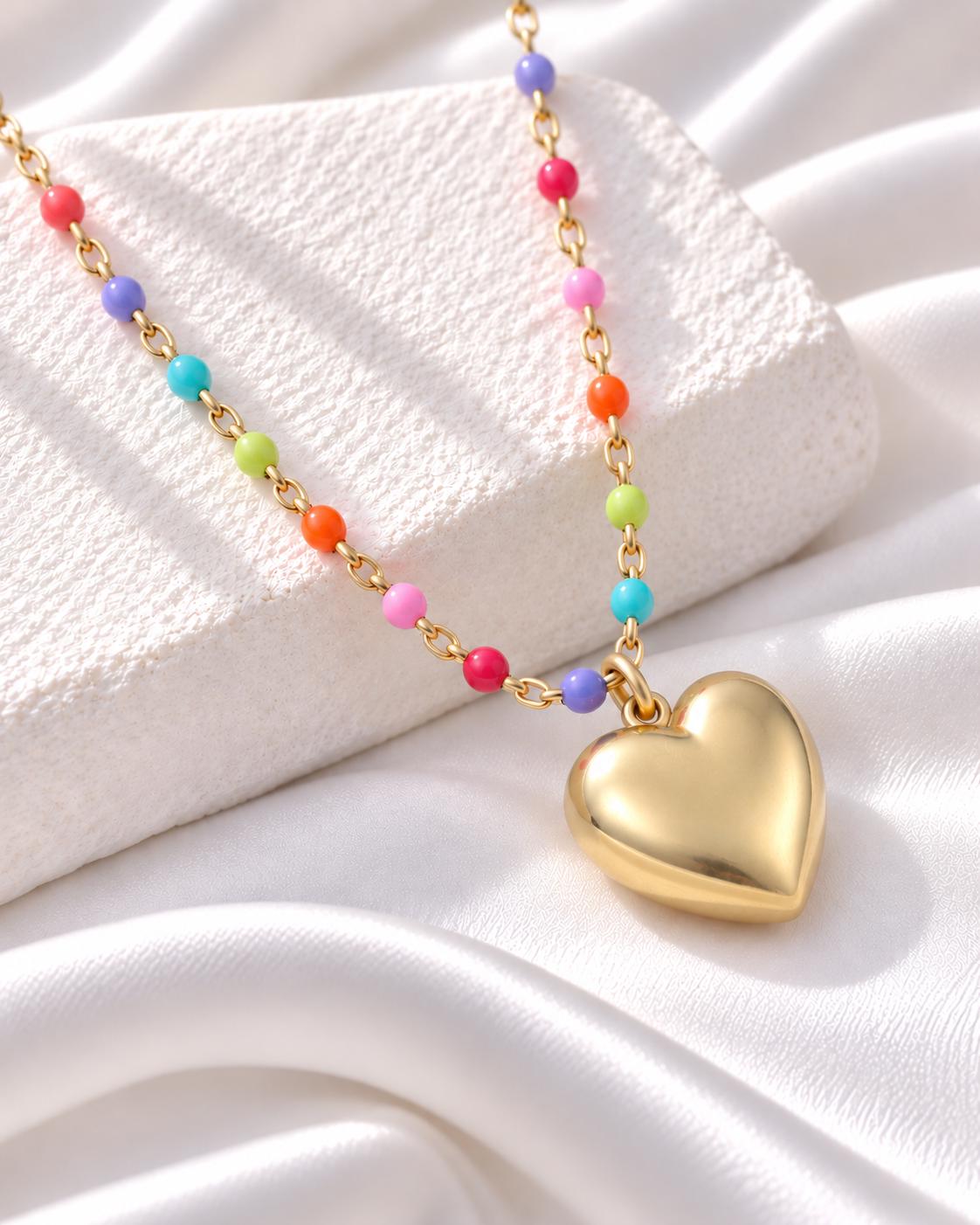Gold Puffy Heart Pendant Necklace, Rainbow Beaded Chain, Colourful Gift for Her