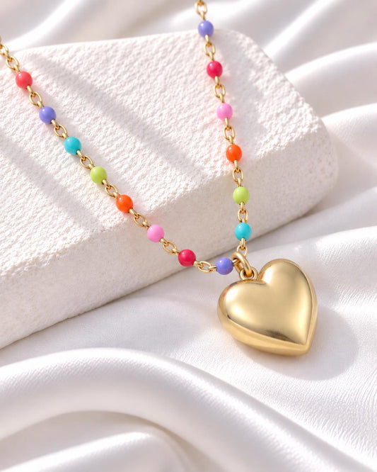 Gold Puffy Heart Pendant Necklace, Rainbow Beaded Chain, Colourful Gift for Her