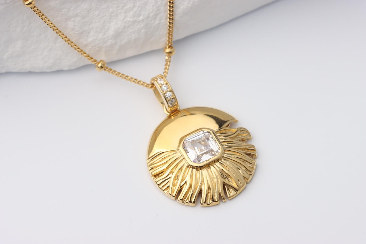 Gold Sunburst CZ Pendant Necklace, Art Deco Statement Jewellery, Gift for Her