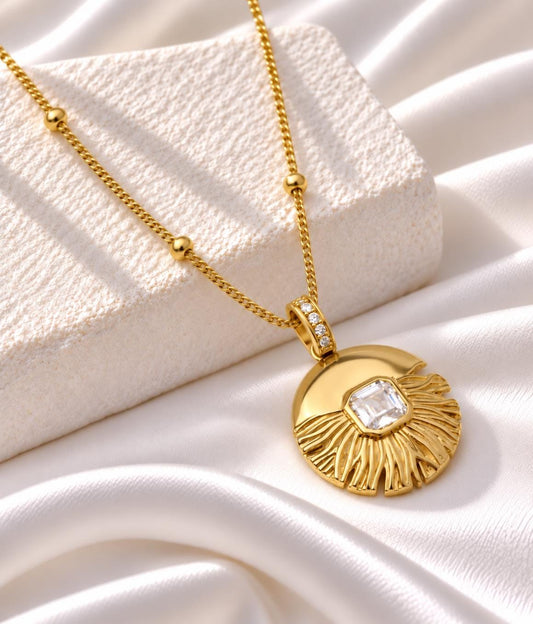 Gold Sunburst CZ Pendant Necklace, Art Deco Statement Jewellery, Gift for Her