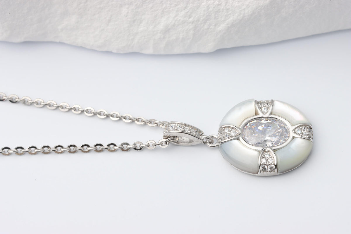 Silver Mother of Pearl Oval CZ Pendant, Art Deco Statement Necklace, Gift for Her