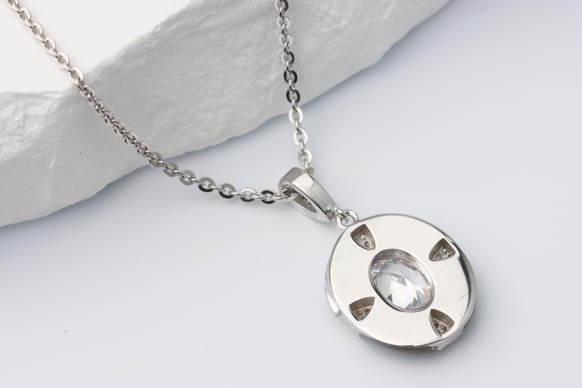 Silver Mother of Pearl Oval CZ Pendant, Art Deco Statement Necklace, Gift for Her