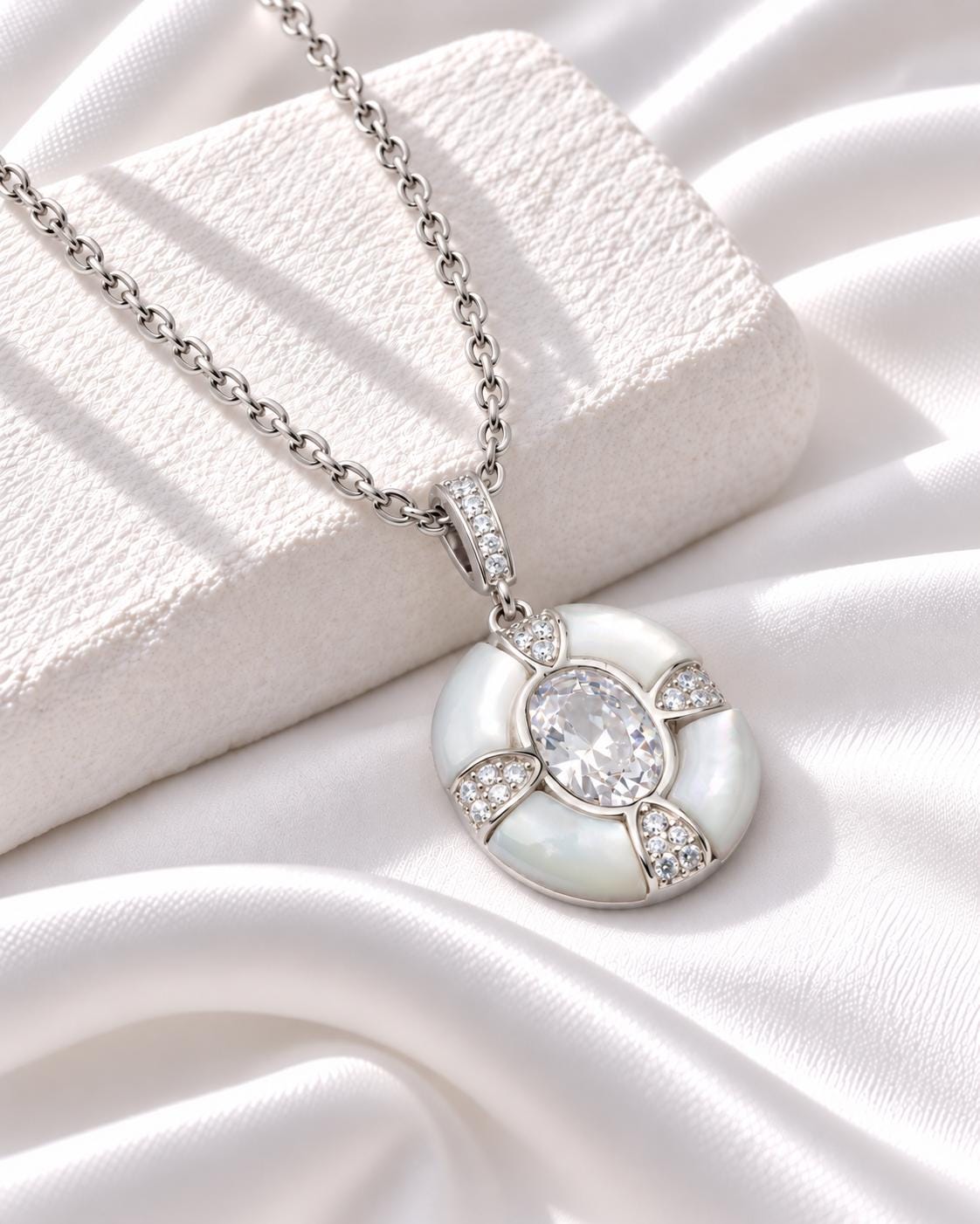 Silver Mother of Pearl Oval CZ Pendant, Art Deco Statement Necklace, Gift for Her