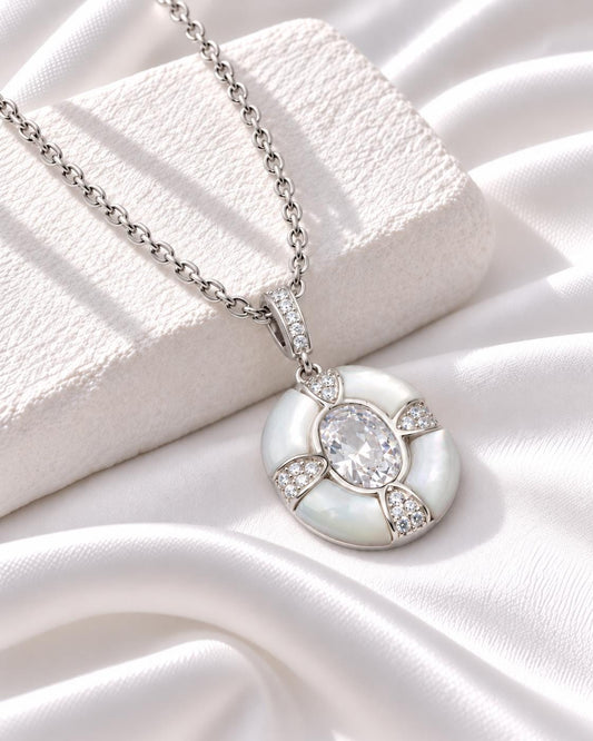 Silver Mother of Pearl Oval CZ Pendant, Art Deco Statement Necklace, Gift for Her