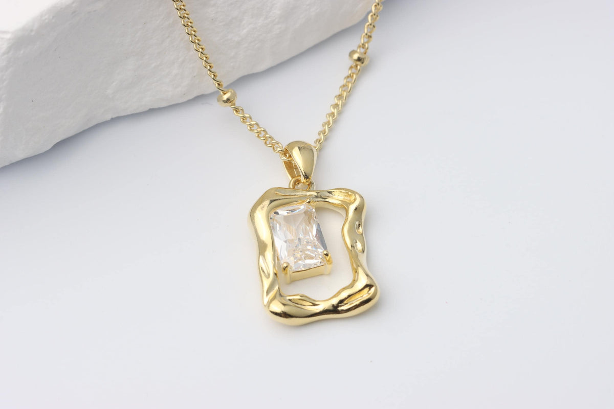 Gold Plated Geometric CZ Pendant Necklace, Art Deco Statement Jewellery, Gift for Her