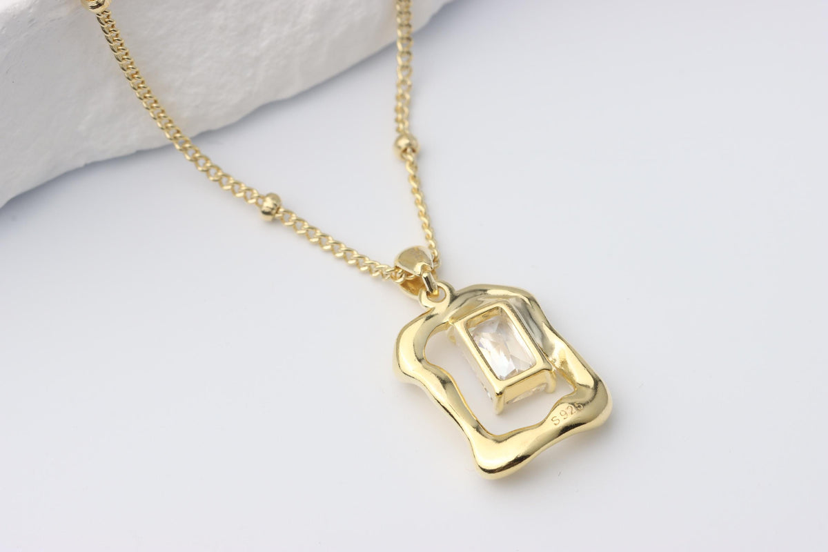 Gold Plated Geometric CZ Pendant Necklace, Art Deco Statement Jewellery, Gift for Her