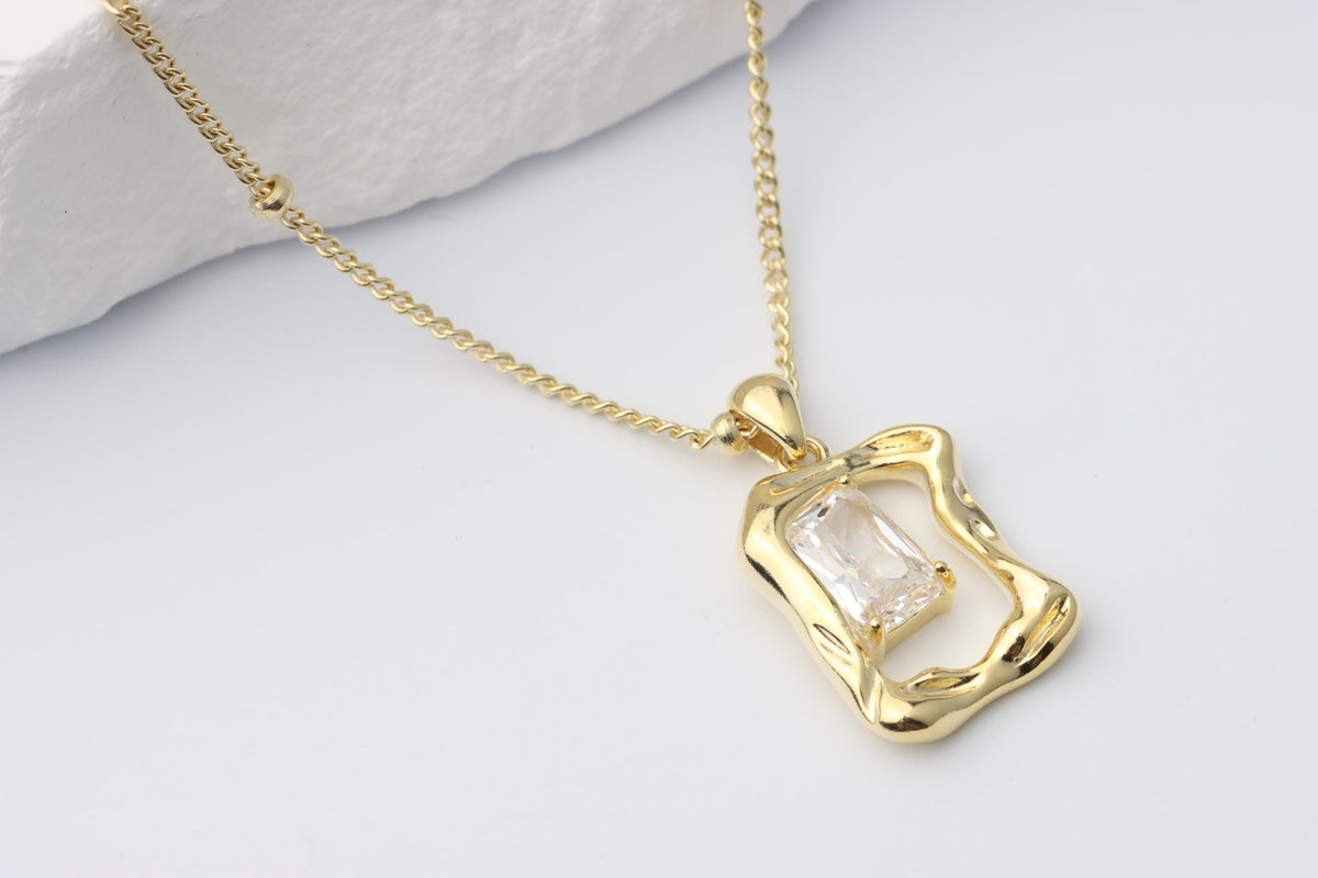 Gold Plated Geometric CZ Pendant Necklace, Art Deco Statement Jewellery, Gift for Her