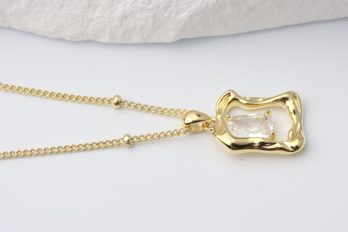 Gold Plated Geometric CZ Pendant Necklace, Art Deco Statement Jewellery, Gift for Her