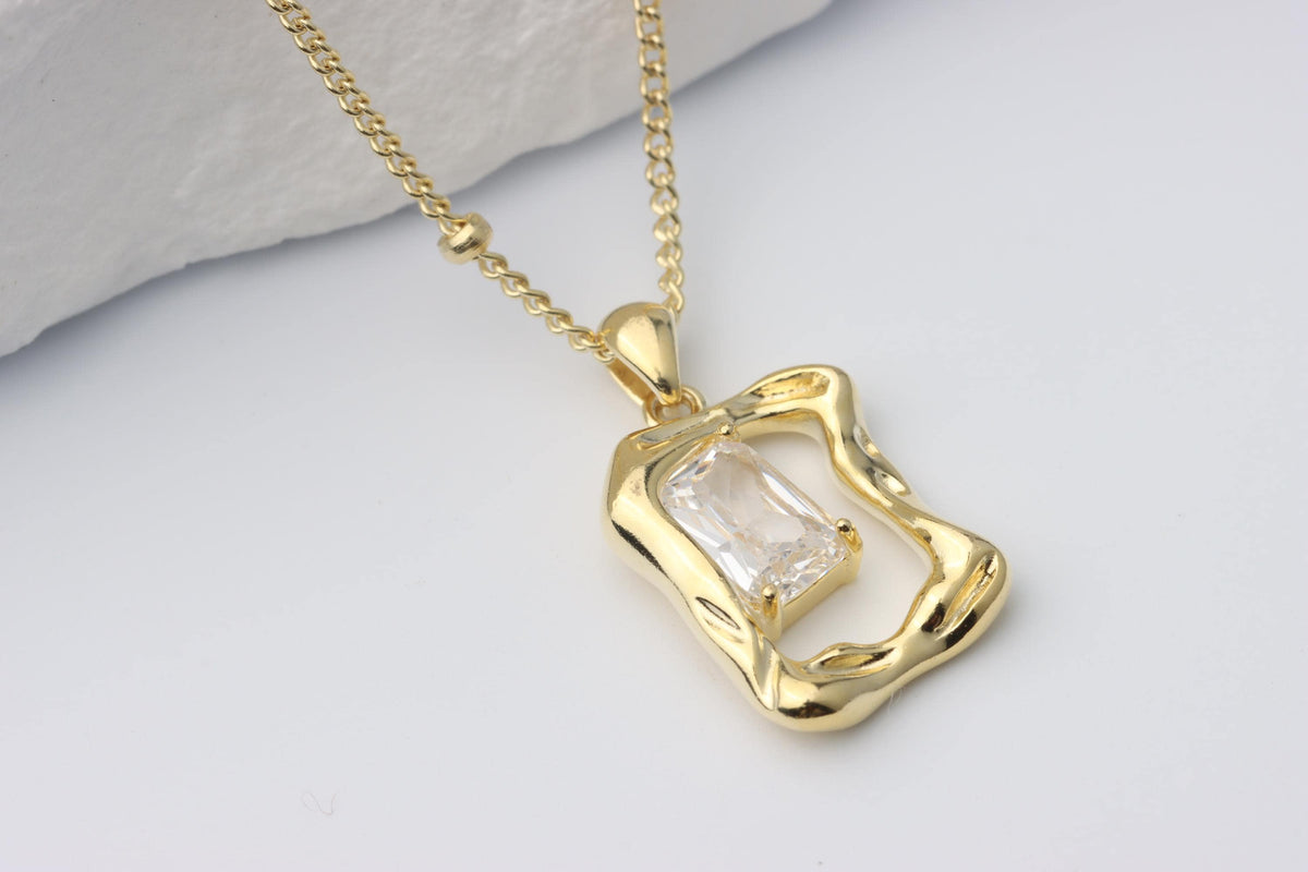 Gold Plated Geometric CZ Pendant Necklace, Art Deco Statement Jewellery, Gift for Her