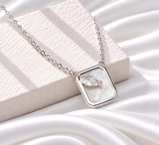 Silver Mother of Pearl Marquise CZ Pendant, Geometric Necklace, Gift for Her