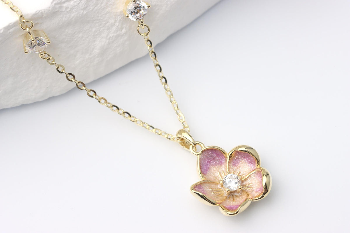 Gold Pink Enamel Blossom Flower Pendant Necklace, Sparkling CZ Jewellery, Gift for Her