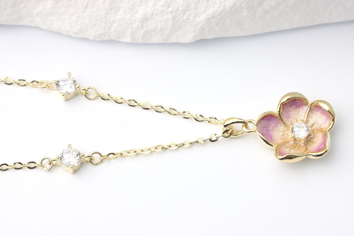 Gold Pink Enamel Blossom Flower Pendant Necklace, Sparkling CZ Jewellery, Gift for Her