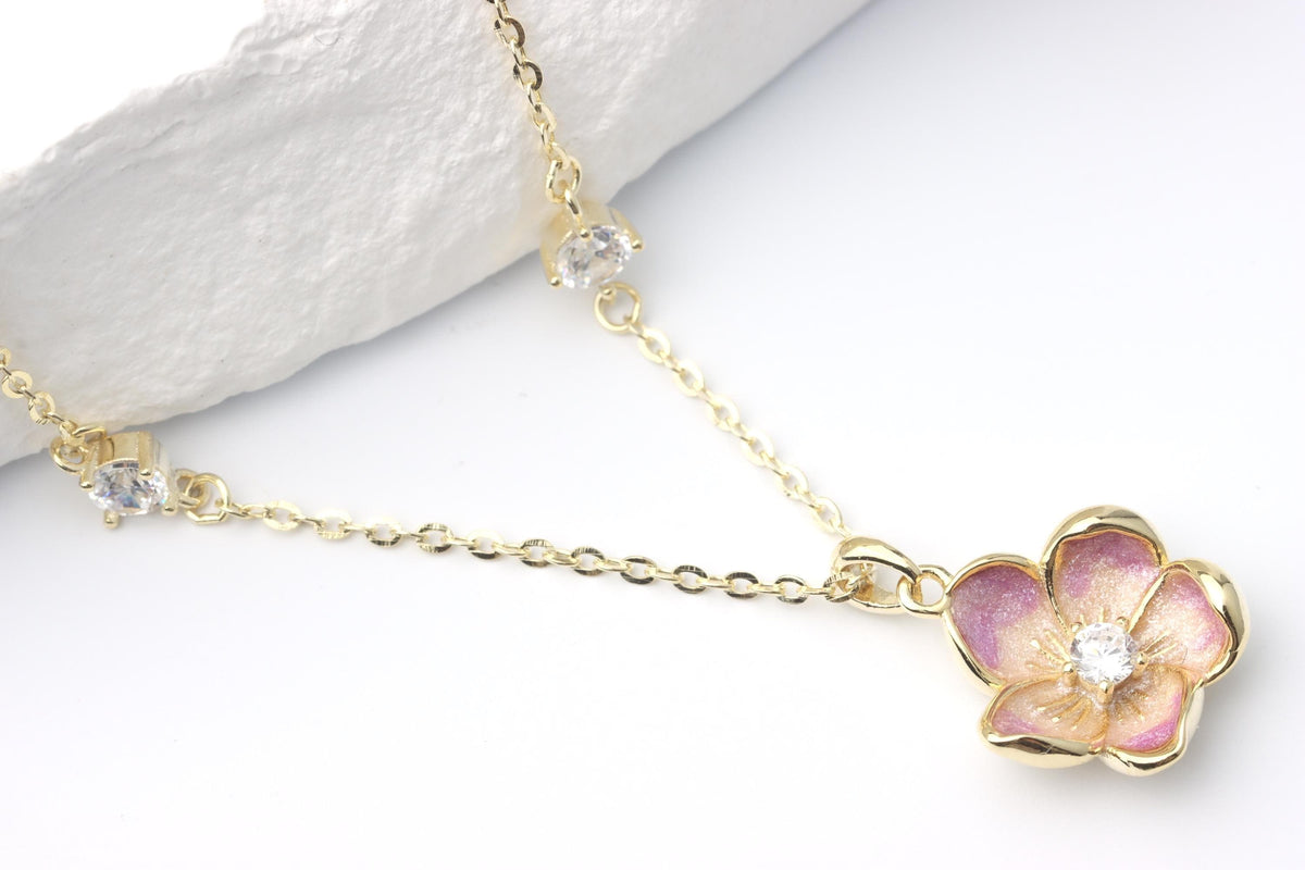 Gold Pink Enamel Blossom Flower Pendant Necklace, Sparkling CZ Jewellery, Gift for Her