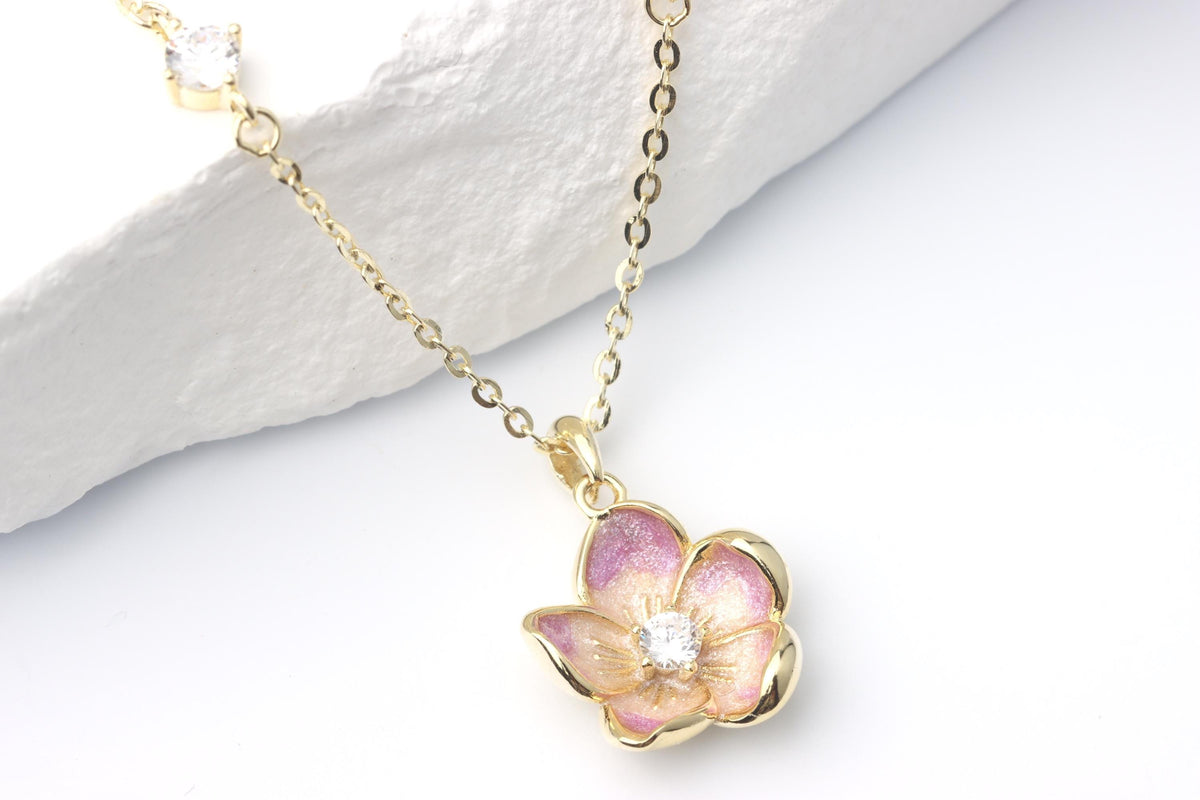 Gold Pink Enamel Blossom Flower Pendant Necklace, Sparkling CZ Jewellery, Gift for Her
