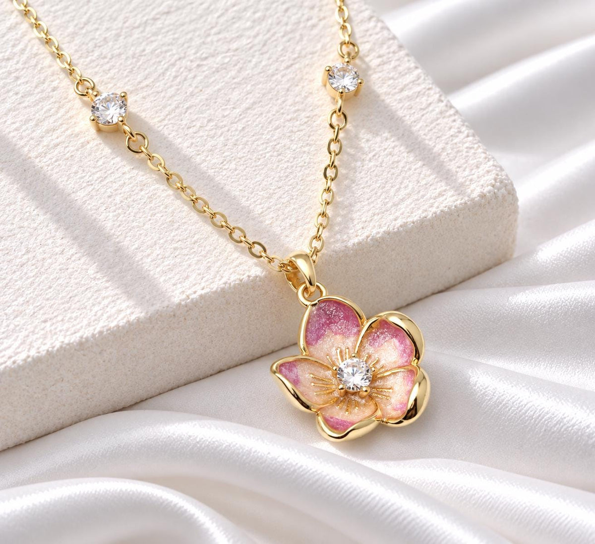 Gold Pink Enamel Blossom Flower Pendant Necklace, Sparkling CZ Jewellery, Gift for Her