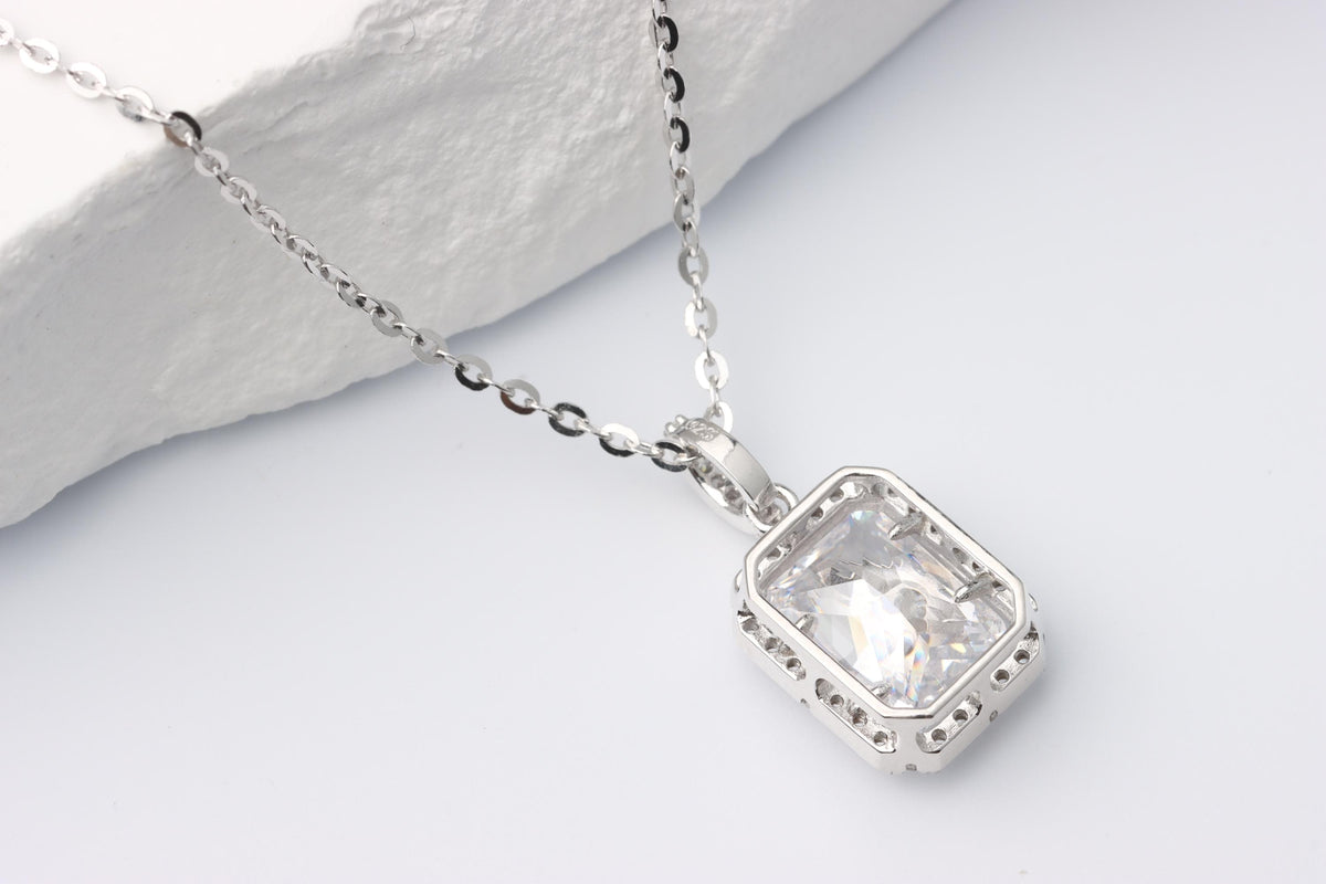 Silver North Star CZ Pendant Necklace, Rectangular Halo Statement Jewellery, Gift for Her