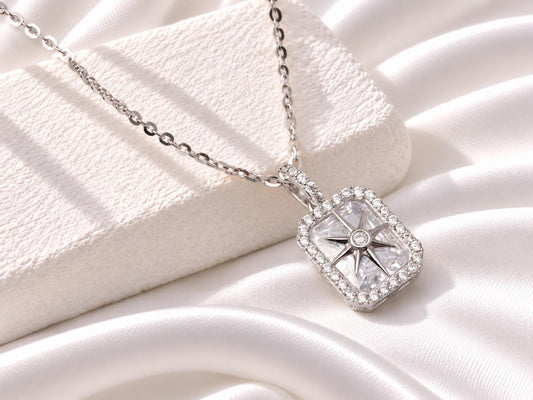 Silver North Star CZ Pendant Necklace, Rectangular Halo Statement Jewellery, Gift for Her