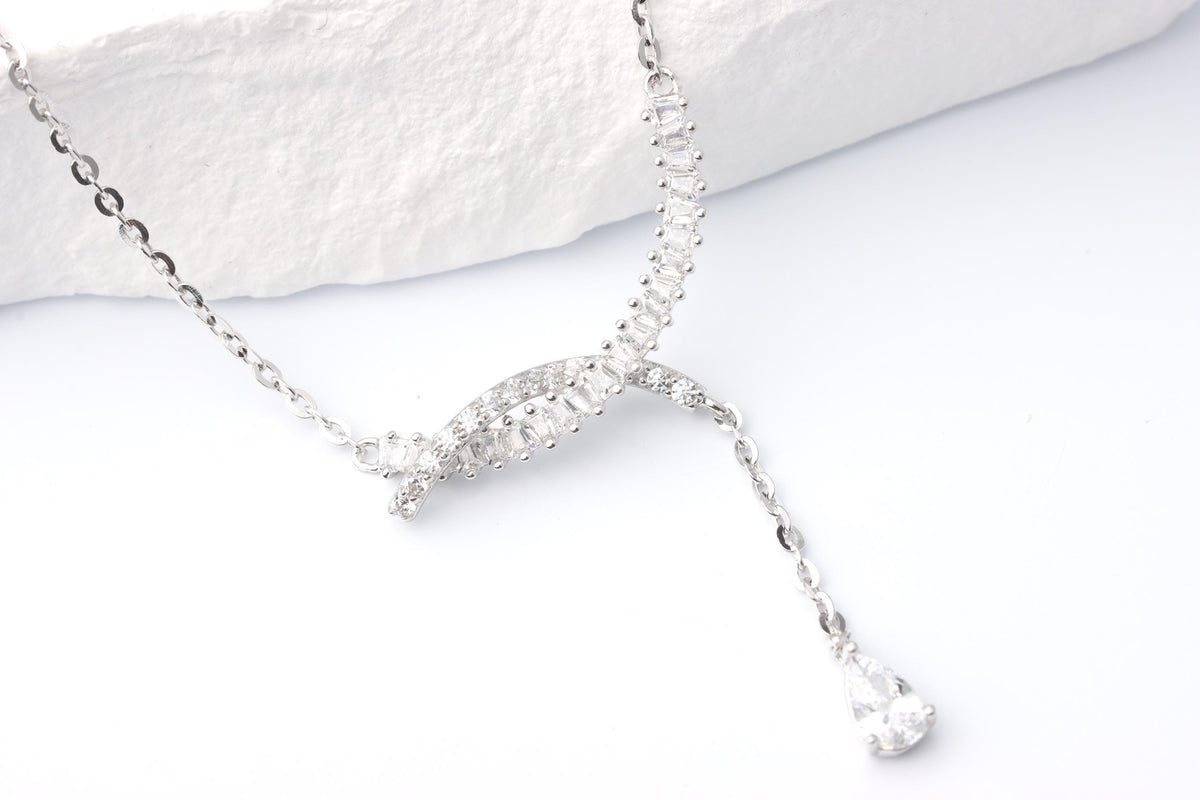 Silver Baguette CZ Y Necklace, Teardrop Pendant Statement Jewellery, Gift for Her