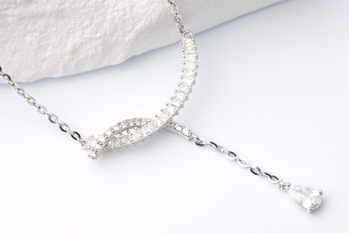 Silver Baguette CZ Y Necklace, Teardrop Pendant Statement Jewellery, Gift for Her