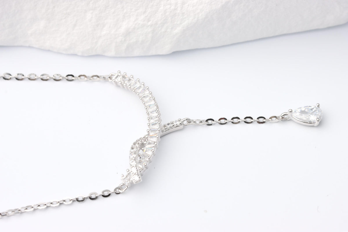 Silver Baguette CZ Y Necklace, Teardrop Pendant Statement Jewellery, Gift for Her
