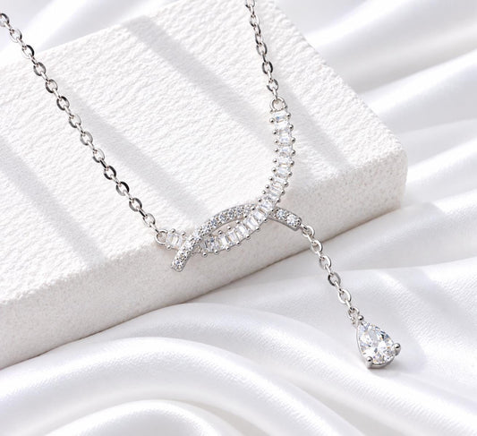 Silver Baguette CZ Y Necklace, Teardrop Pendant Statement Jewellery, Gift for Her