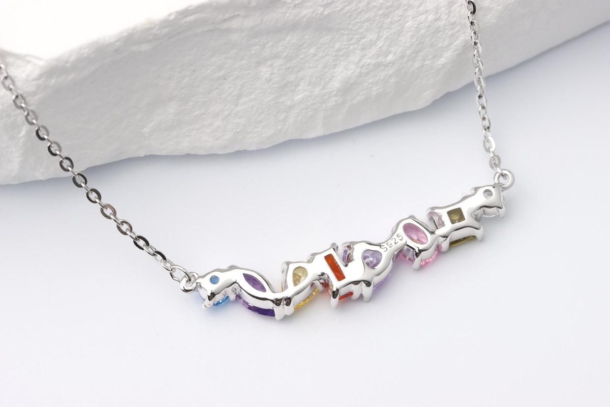 Silver Rainbow Gemstone Necklace, Multi Colour CZ Bar Pendant, Gift for Her