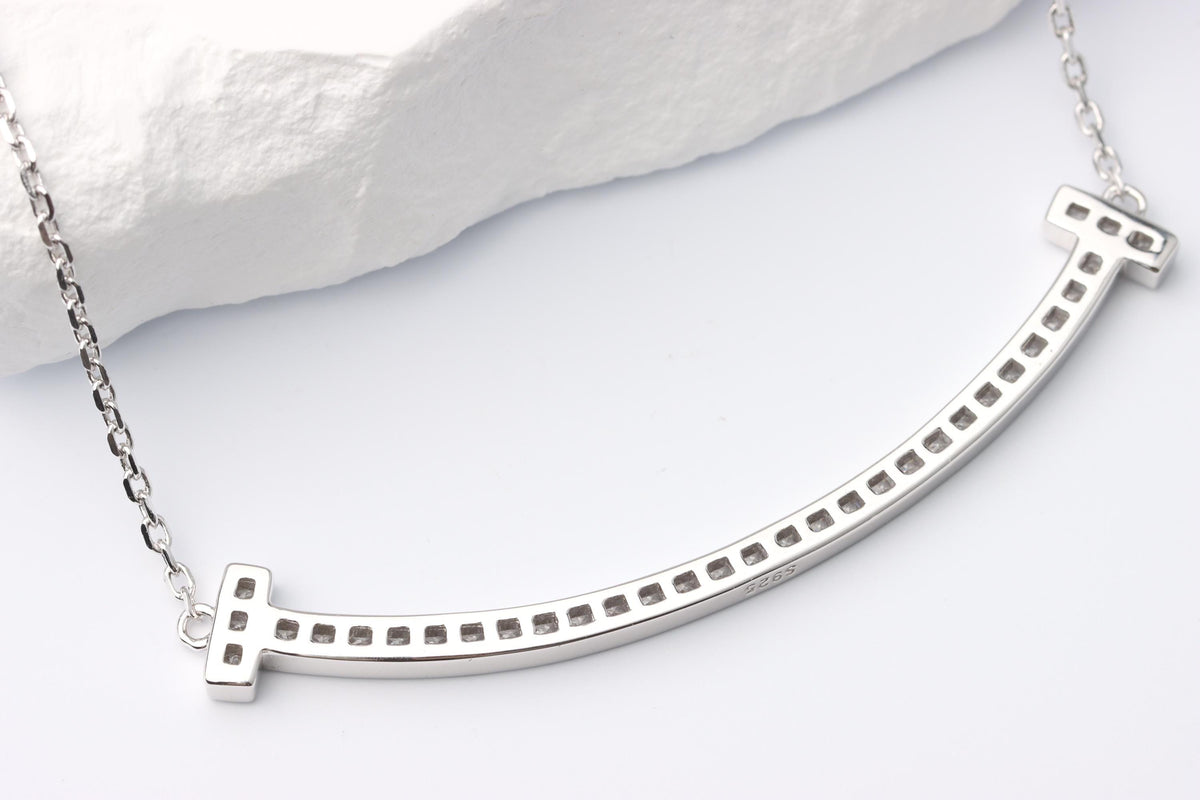 Silver Curved CZ Bar Necklace, Sparkling T Bar Necklace, Gift for Her