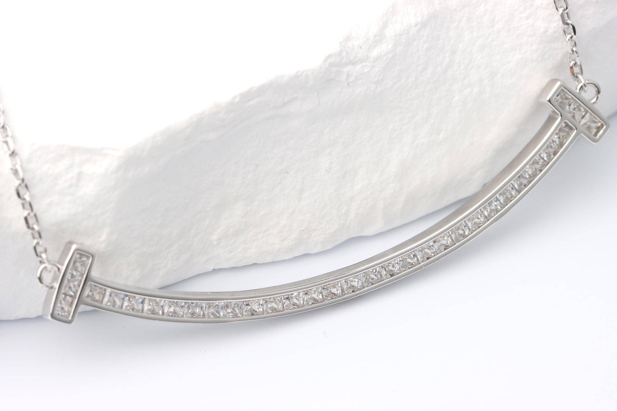 Silver Curved CZ Bar Necklace, Sparkling T Bar Necklace, Gift for Her