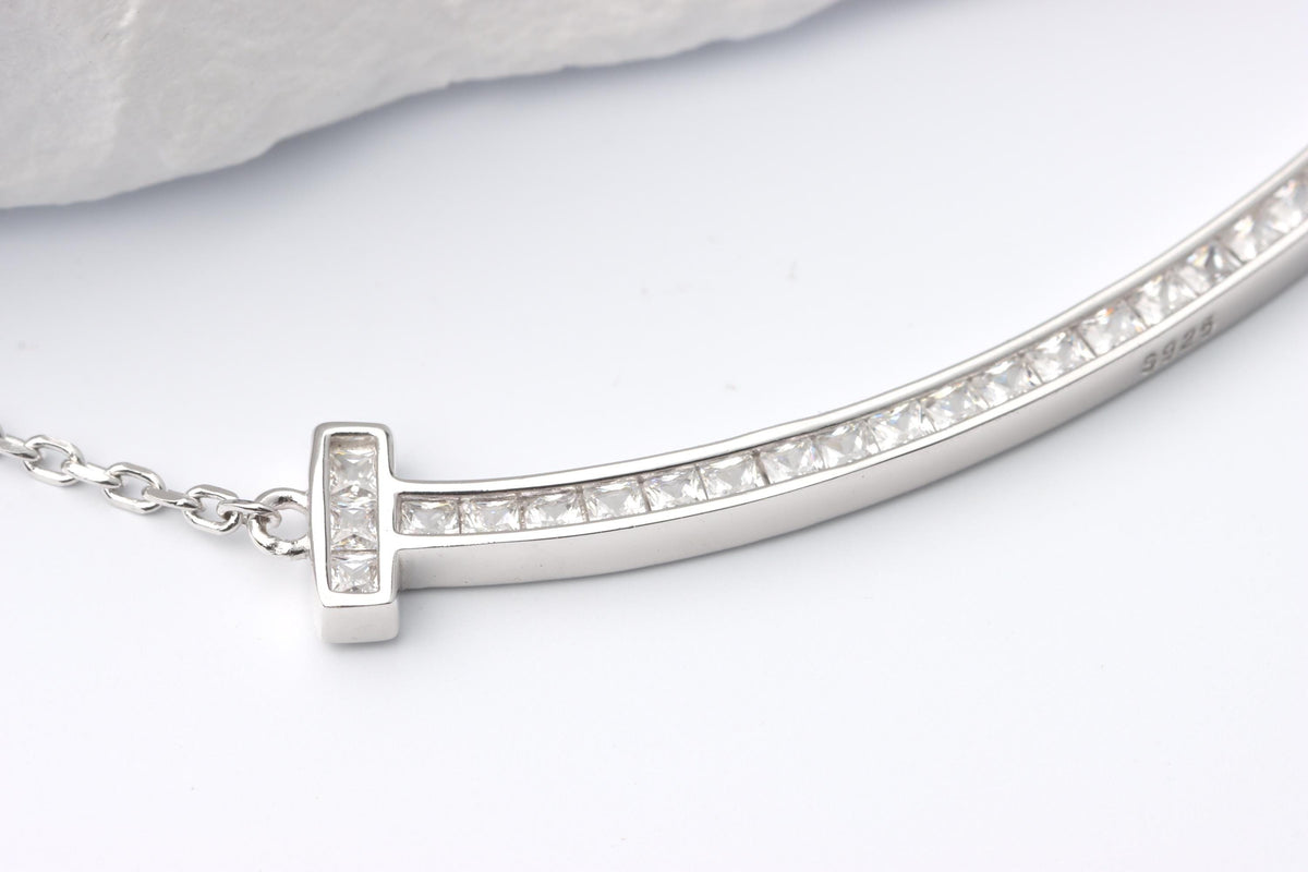 Silver Curved CZ Bar Necklace, Sparkling T Bar Necklace, Gift for Her