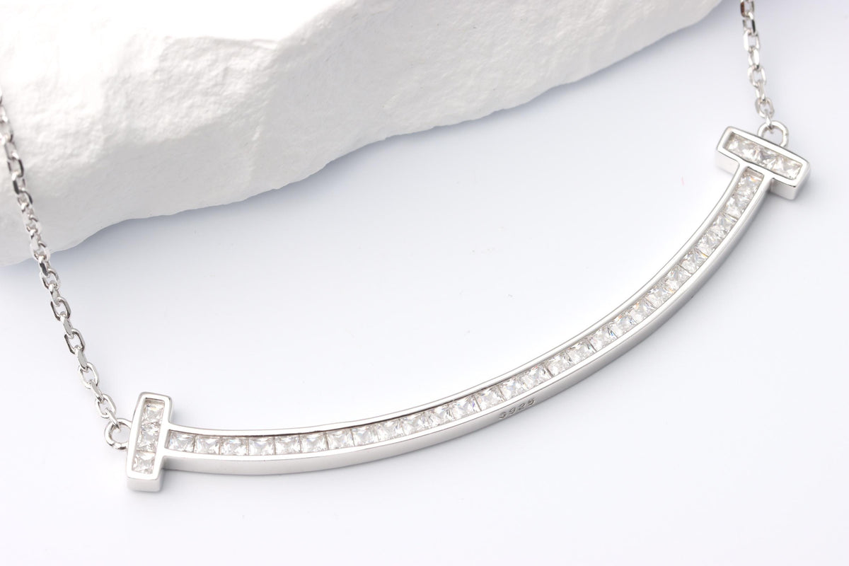 Silver Curved CZ Bar Necklace, Sparkling T Bar Necklace, Gift for Her