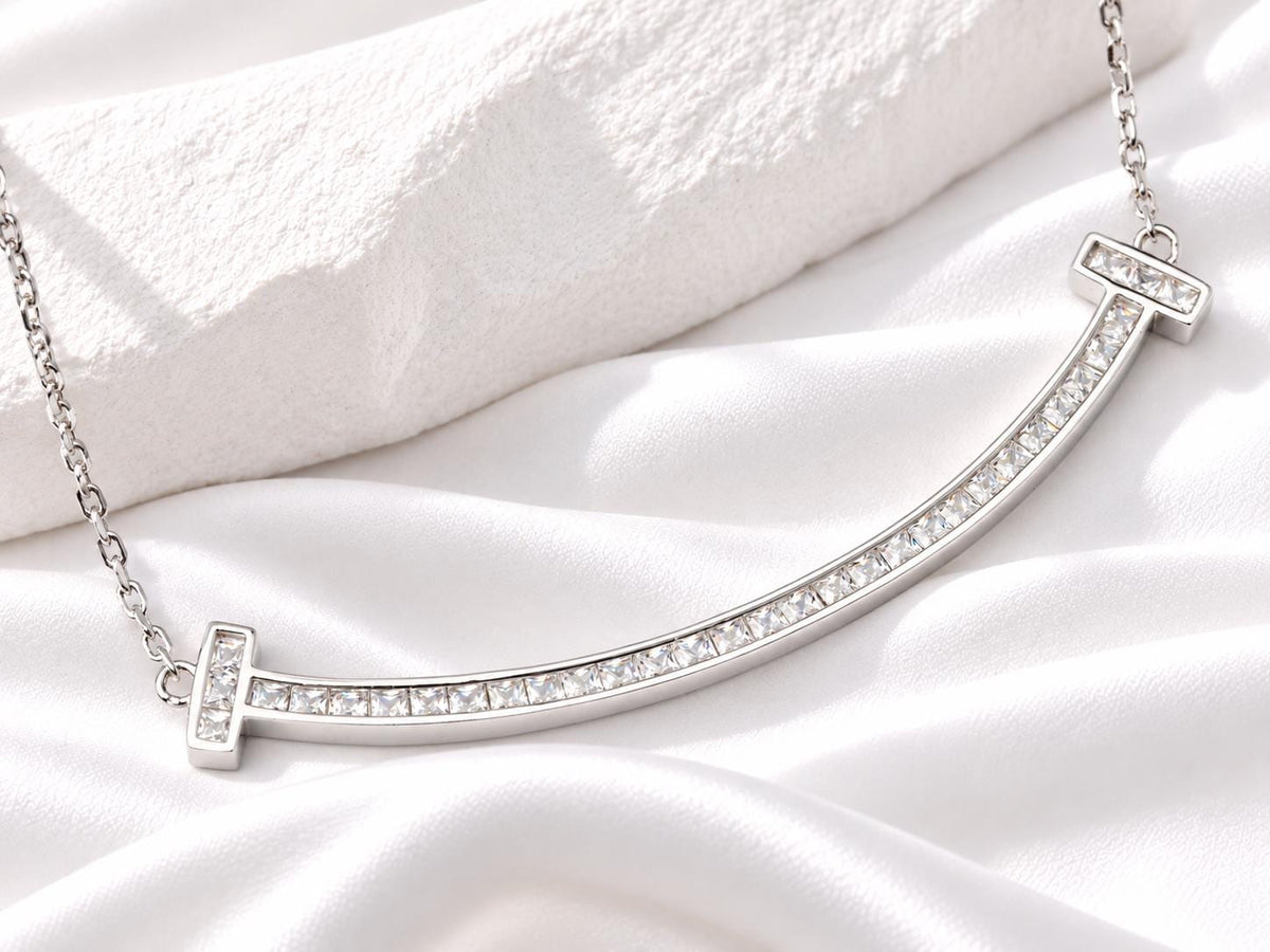 Silver Curved CZ Bar Necklace, Sparkling T Bar Necklace, Gift for Her
