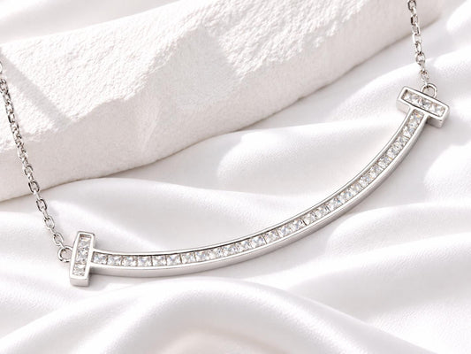 Silver Curved CZ Bar Necklace, Sparkling T Bar Necklace, Gift for Her