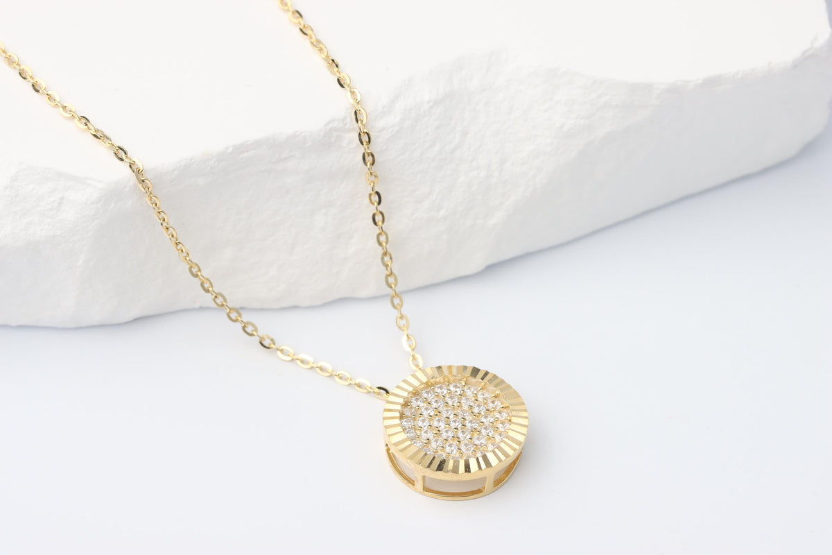 Gold CZ Disc Pendant Necklace, Dainty Sparkling Jewellery Gift for Her