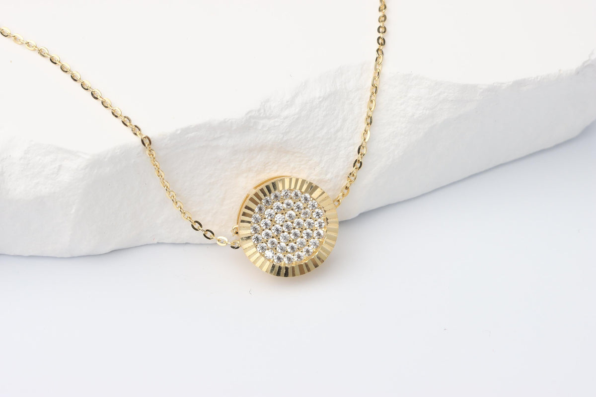 Gold CZ Disc Pendant Necklace, Dainty Sparkling Jewellery Gift for Her