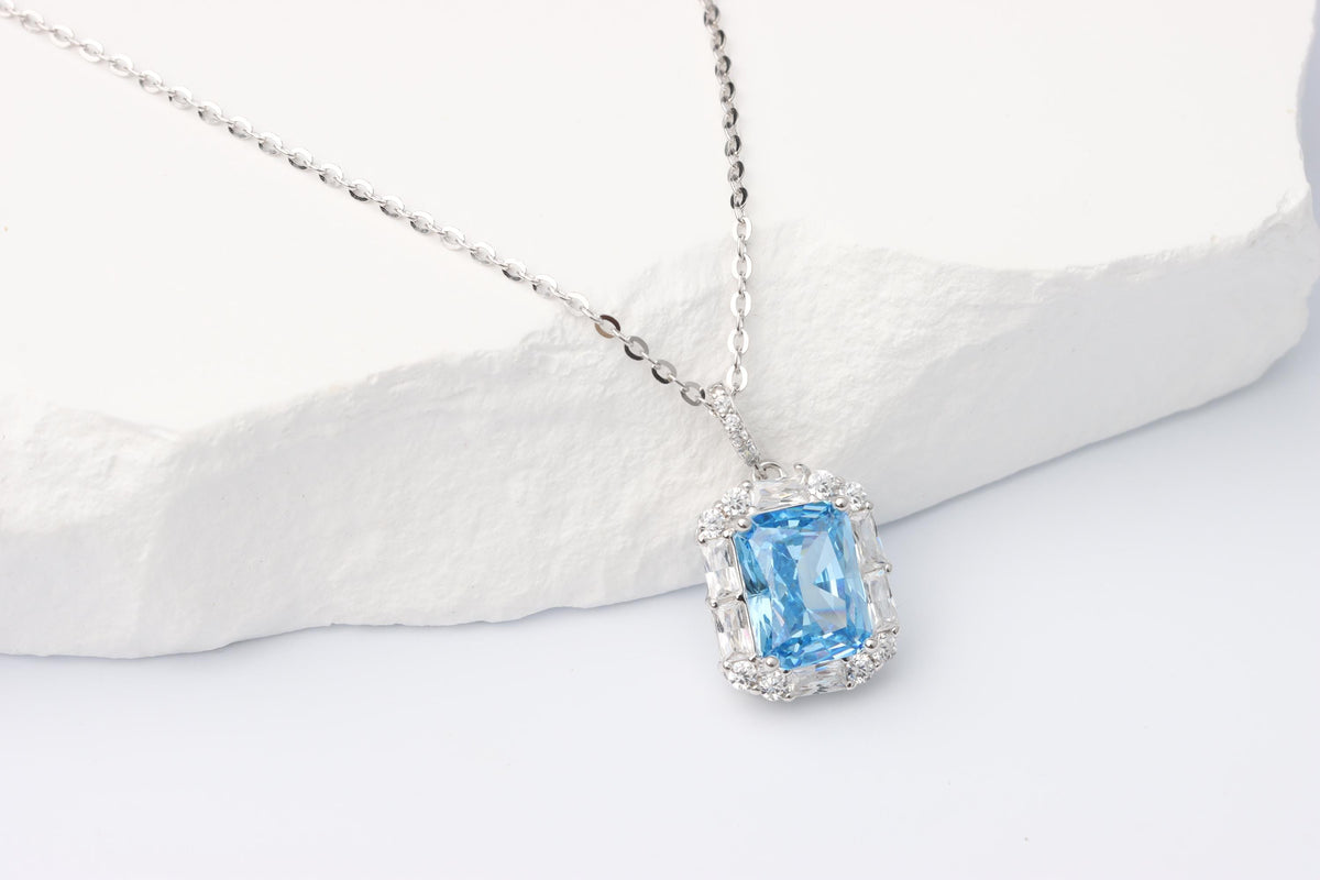 Blue Emerald Cut CZ Pendant Necklace, Silver Sparkling Statement Jewellery, Gift for Her