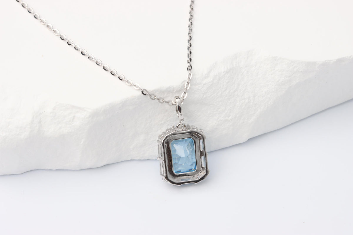 Blue Emerald Cut CZ Pendant Necklace, Silver Sparkling Statement Jewellery, Gift for Her