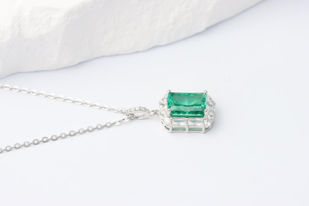 Green Emerald Cut CZ Pendant Necklace, Silver Sparkling Statement Jewellery, Gift for Her