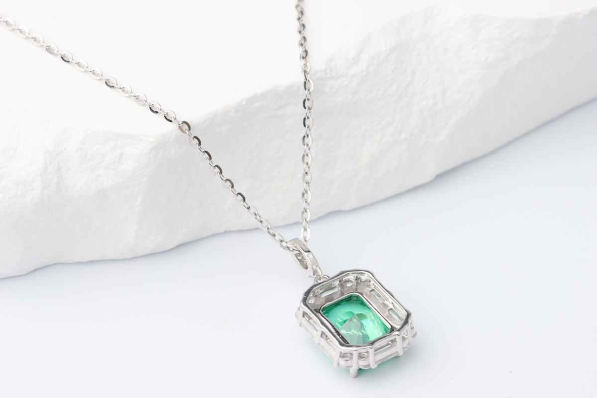 Green Emerald Cut CZ Pendant Necklace, Silver Sparkling Statement Jewellery, Gift for Her