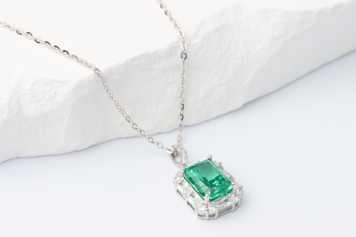 Green Emerald Cut CZ Pendant Necklace, Silver Sparkling Statement Jewellery, Gift for Her