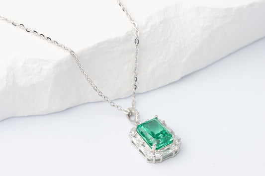 Green Emerald Cut CZ Pendant Necklace, Silver Sparkling Statement Jewellery, Gift for Her