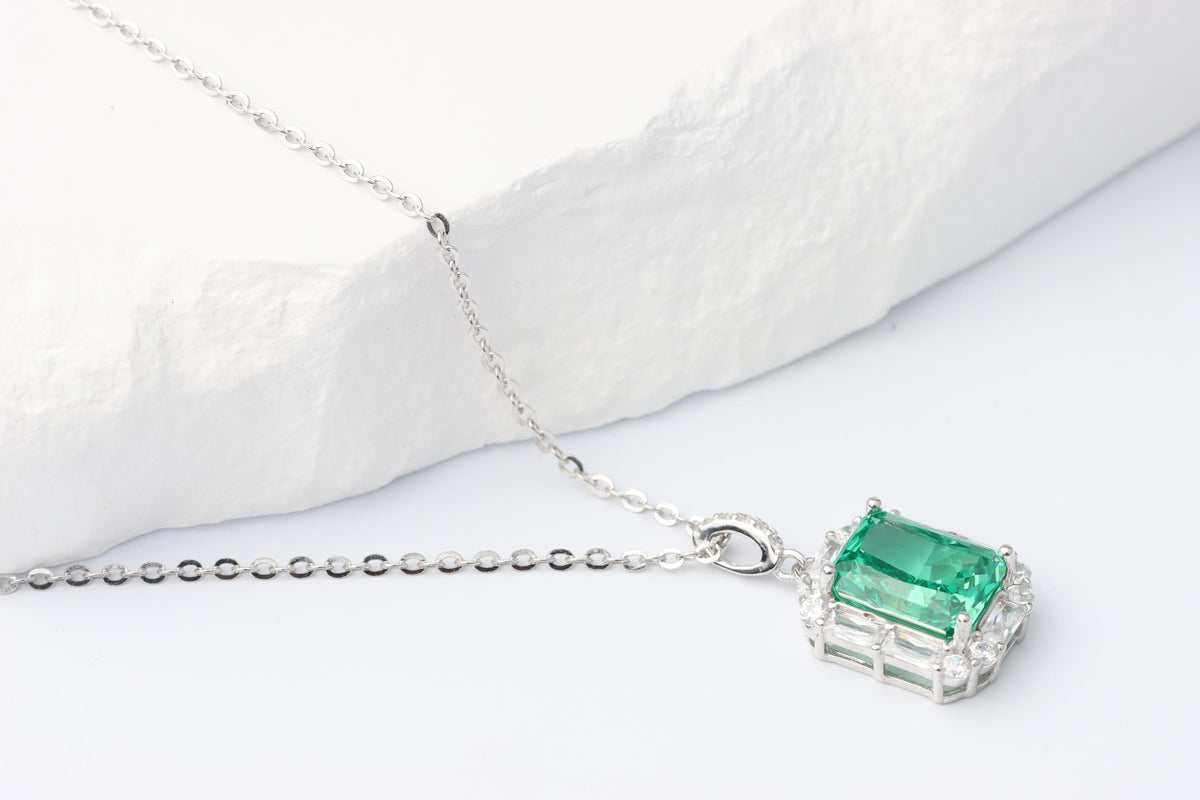 Green Emerald Cut CZ Pendant Necklace, Silver Sparkling Statement Jewellery, Gift for Her