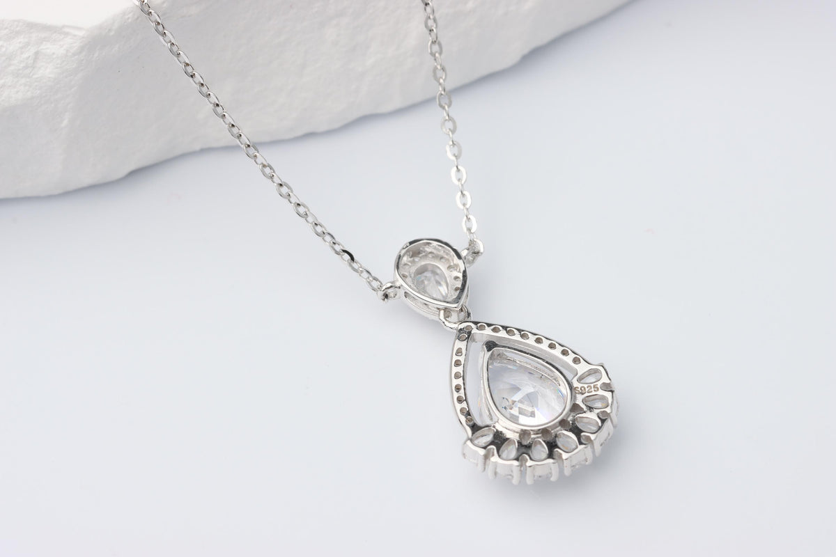 Silver Teardrop CZ Pendant Necklace, Sparkling Halo Statement Jewellery, Gift for Her