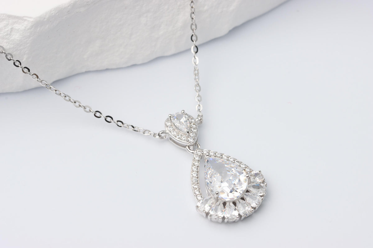 Silver Teardrop CZ Pendant Necklace, Sparkling Halo Statement Jewellery, Gift for Her