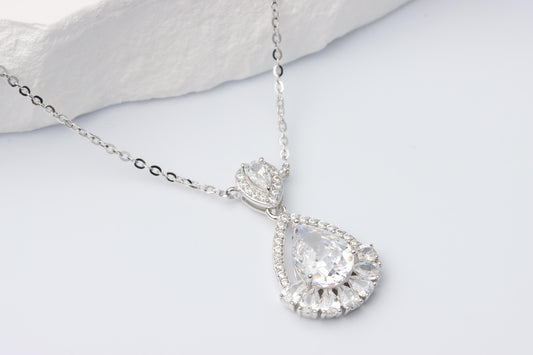 Silver Teardrop CZ Pendant Necklace, Sparkling Halo Statement Jewellery, Gift for Her