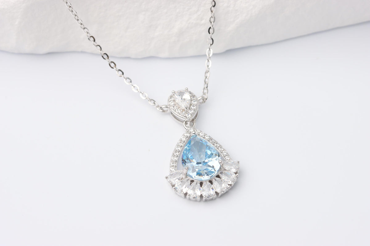 Silver Blue Teardrop CZ Pendant Necklace, Sparkling Halo Statement Jewellery, Gift for Her